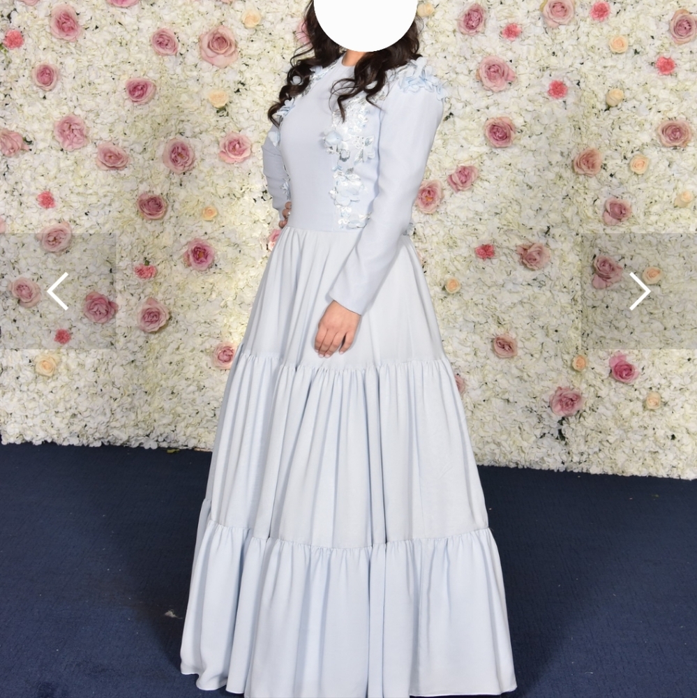 Bridal Direct Light Blue Gown with Flower Appliqué Long Sleeve Modest